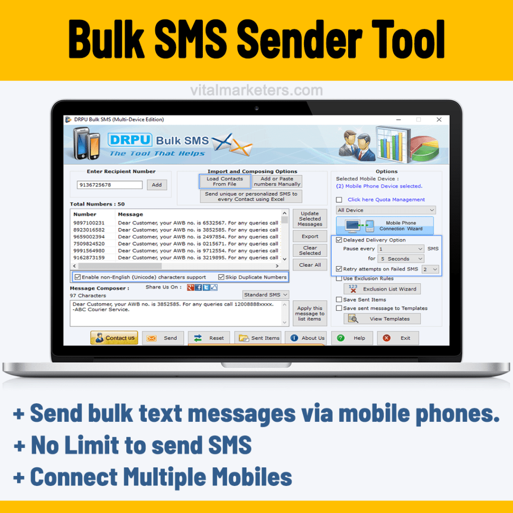 Bulk SMS Sender Tool by Vital Marketers Bulk Messages Marketing Software